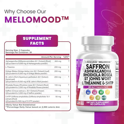 Clean Saffron Supplements with Ashwagandha 8000mg - Mood Support with L-Theanine