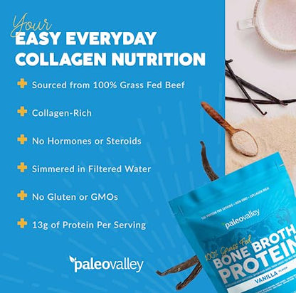 Paleovalley 100% Grass Fed Bone Broth Protein Powder - Vanilla - Rich in Collagen for Hair