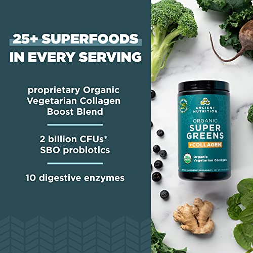 Ancient Nutrition Supergreens Powder, Organic Superfood Powder with Collagen