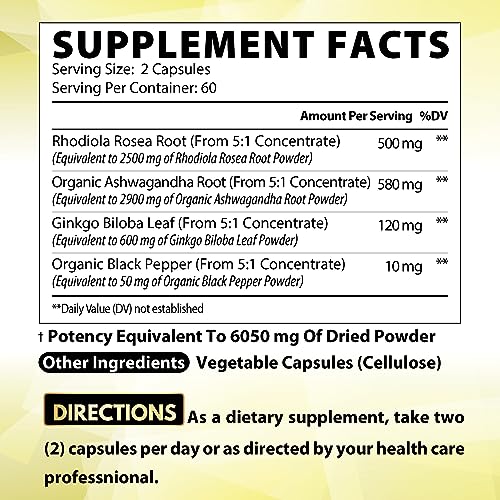 6050mg Rhodiola Rosea Supplement with Ashwagandha Root, Ginkgo Biloba & Black Pepper