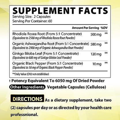 6050mg Rhodiola Rosea Supplement with Ashwagandha Root, Ginkgo Biloba & Black Pepper