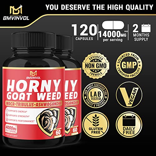 BMVINVOL (2 Packs) Horny Goat Weed Capsules, 14000mg Herbal Equivale