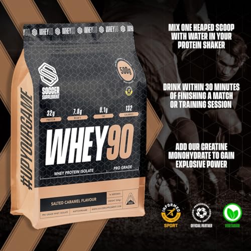 Whey90 Salted Caramel 1kg Whey Protein Isolate- by Soccer Supplement, 32 Grams