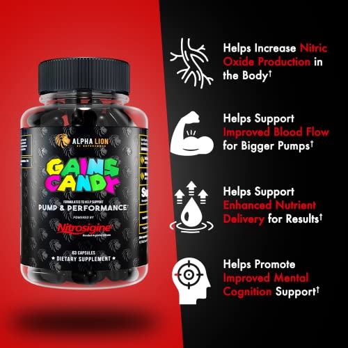 ALPHA LION Gains Candy, Supplement Pills for Muscle Pump & Blood Flow, Nitric Oxide