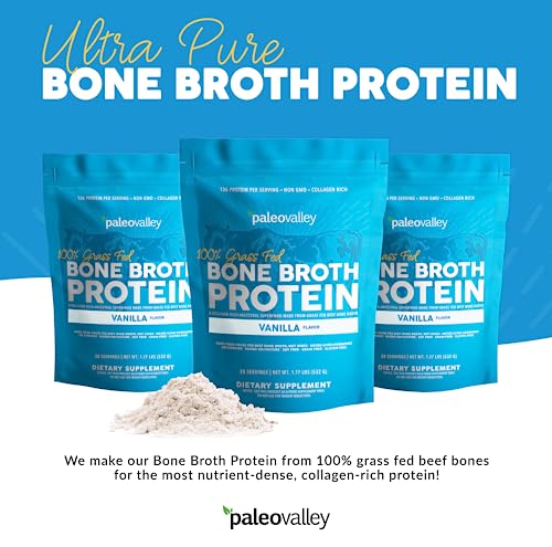 Paleovalley 100% Grass Fed Bone Broth Protein Powder - Vanilla - Rich in Collagen for Hair