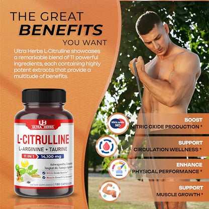 L-Citrulline 14,100 mg 11 in 1 with L-Arginine + Taurine, Ashwagandha, Creatine, Tongkat Ali