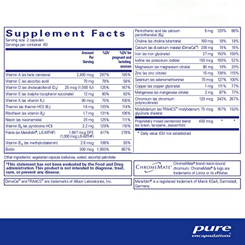 Pure Encapsulations PreNatal Nutrients - for Pregnancy & Lactation - Aids Energy & DNA Development