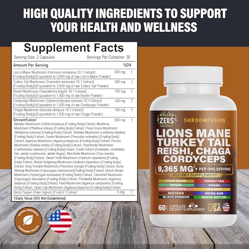 Zeus Naturals Lions Mane Capsules, Mushroom Supplement with Turkey Tail, Cordyceps