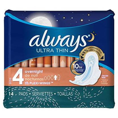 Always Ultra Thin Size 4 Overnight Pads With Wings Unscented, 14 Count (3700030165)