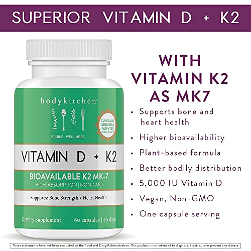 Body Kitchen Vegan Plant-Based Vitamin D3 + K2 (MK7) Supplement, Bone and Heart