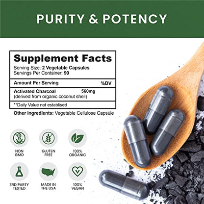 Activated Charcoal Capsules, 180 Vegan Pills Highly Absorbent Helps Reduce Gas, Bloating