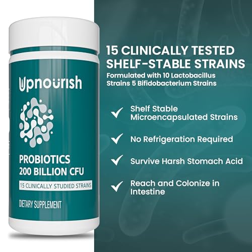 UpNourish Probiotics - 200 Billion CFUs, 15 Strains, Prebiotics & Enzymes - 60 Vegan Cap