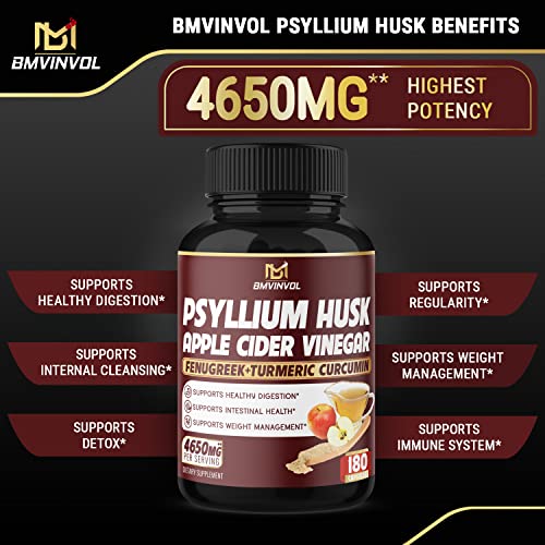 BMVINVOL Psyllium Husk Fiber Supplement 4650mg - Apple Cider Vinegar, Fenugreek