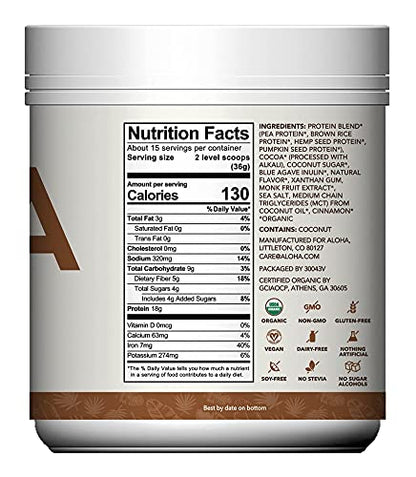 ALOHA Organic Plant Based Protein Powder, Stevia Free, Chocolate, 19.6 oz, 15 Servings