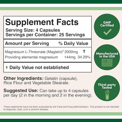 Magnesium L Threonate Capsules (Magtein) – High Absorption Supplement – Bioavailable