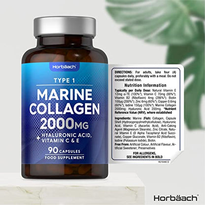 Marine Collagen Capsules | with Hyaluronic Acid, Vitamin C & E | 2000mg | High Strength Type 1 Collagen