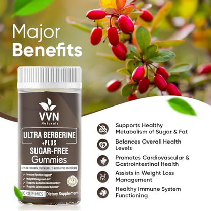 VVNATURALS Sugar-Free 2250mg Berberine HCL with Ceylon Cinnamon HCI 82.1 Concentrated