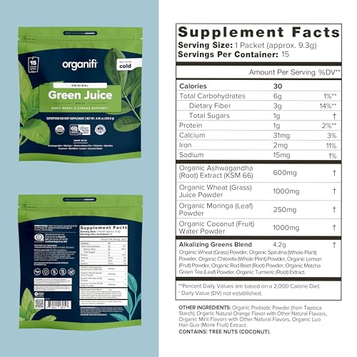 Organifi: GO Packs - Green Juice - Organic Superfood Supplement Powder - 15 Servings