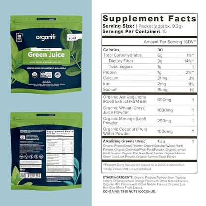 Organifi: GO Packs - Green Juice - Organic Superfood Supplement Powder - 15 Servings