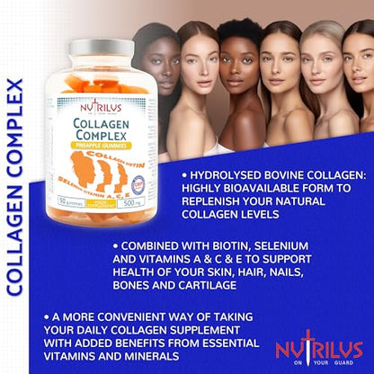 Collagen Complex 90 Natural Pineapple Gummies 500mg - Large Pack - with Biotin & Selenium