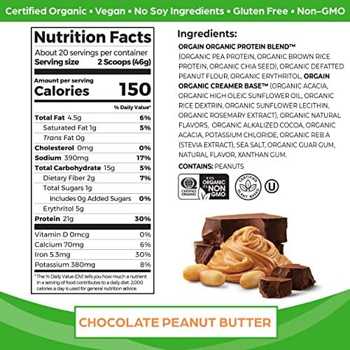 Orgain Organic Vegan Protein Powder, Chocolate Peanut Butter - 21g of Plant Based Protein