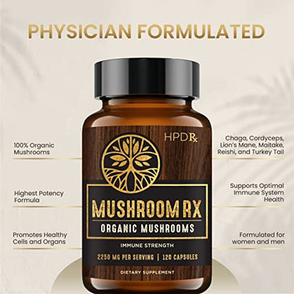 HPD Rx Mushroom Rx Organic Mushroom Extract Blend Max Immunity Dose, Lion’s Mane