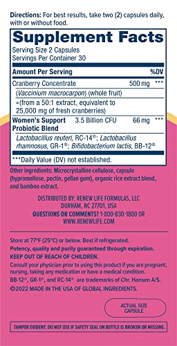 Renew Life Women's Wellness Vaginal and Urinary Probiotic and Cranberry Supplement