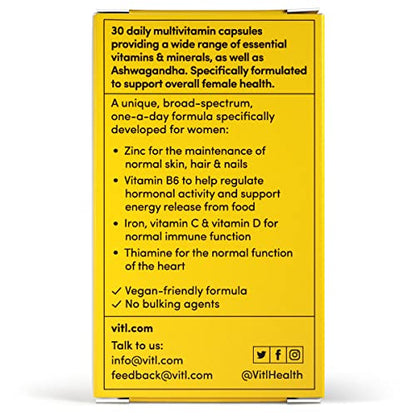 Vitl Female Multivitamin & Minerals Supplement - 30 Vegan Capsules - 21 Essential Active