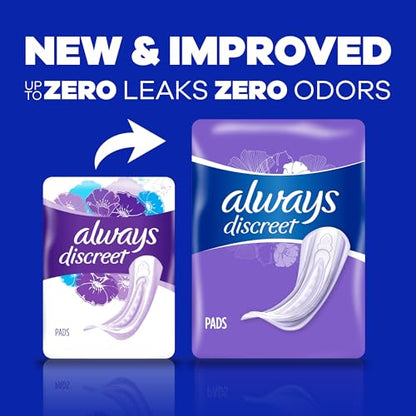 Always Discreet Adult Moderate Long Incontinence Pads, Up to 100% Leak-Free Protection, 54 Count