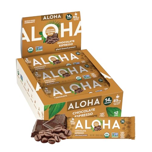 ALOHA Organic Plant Based Protein Bars - Chocolate Espresso (85mg Caffeine) - 12 Bars