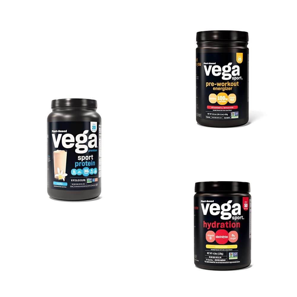 Vega Sport Routine Bundle - Premium Vanilla Protein Powder (20 Servings) Strawberry 