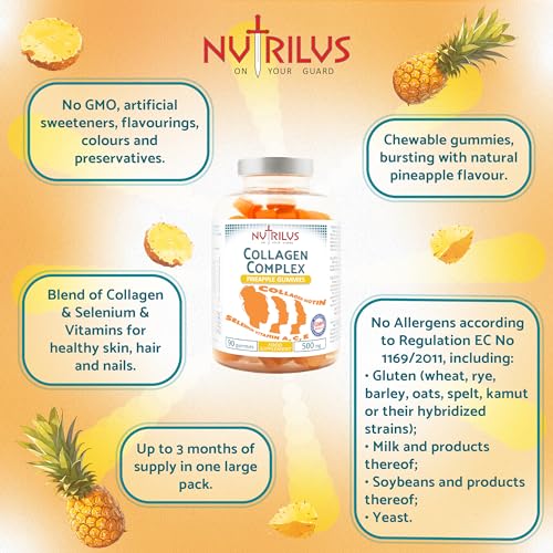 Collagen Complex 90 Natural Pineapple Gummies 500mg - Large Pack - with Biotin & Selenium