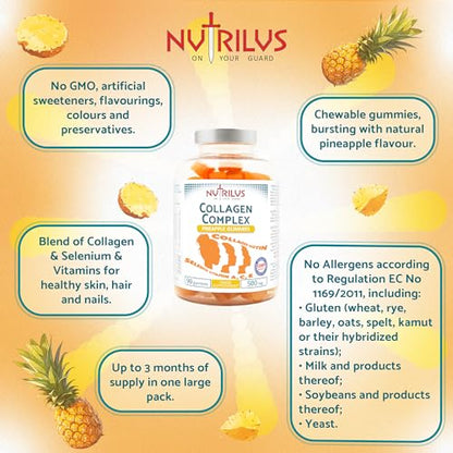 Collagen Complex 90 Natural Pineapple Gummies 500mg - Large Pack - with Biotin & Selenium