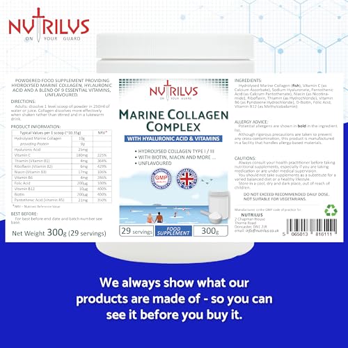 Hydrolysed Marine Collagen Powder 300g with Hyaluronic Acid and Vitamins - 29 Servings