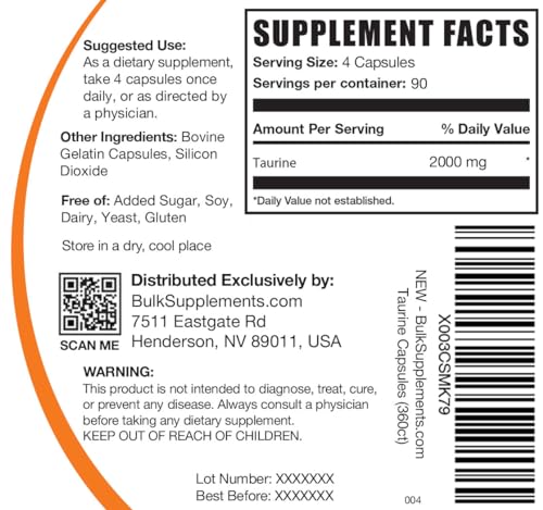 BULKSUPPLEMENTS.COM Taurine Capsules - Taurine Supplement, Taurine 2000mg