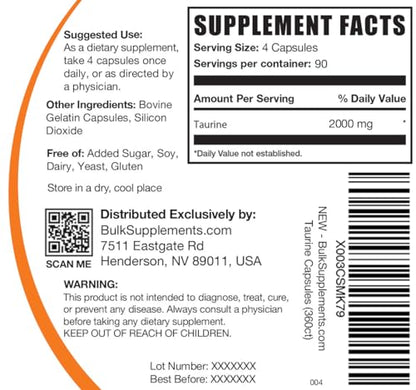 BULKSUPPLEMENTS.COM Taurine Capsules - Taurine Supplement, Taurine 2000mg