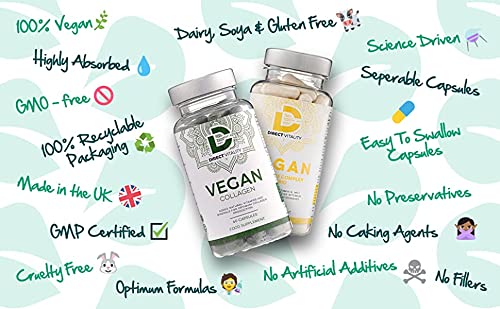 Vegan Collagen Supplement - 1400mg, Spirulina, L-Lysine, L-Proline, Acerola Cherries , Vitamin C & B12, Zinc, Hyaluronic Acid, UK Made