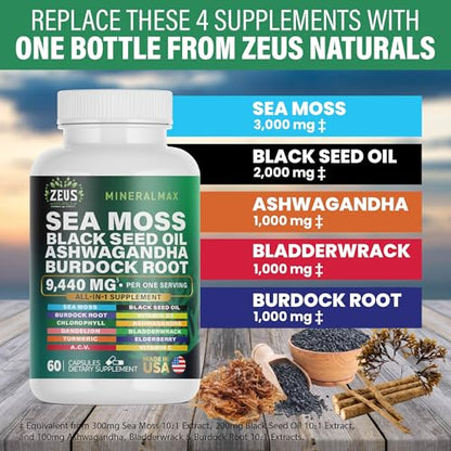 Sea Moss Capsules with Black Seed Oil, Burdock Root, Bladderwrack, Turmeric, Ashwagan