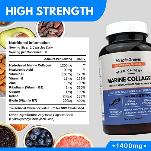 Marine Collagen 1400mg | 120 Capsules with Biotin, Hyaluronic Acid, Vitamin C, E, B2, Zinc, Copper & Iodine