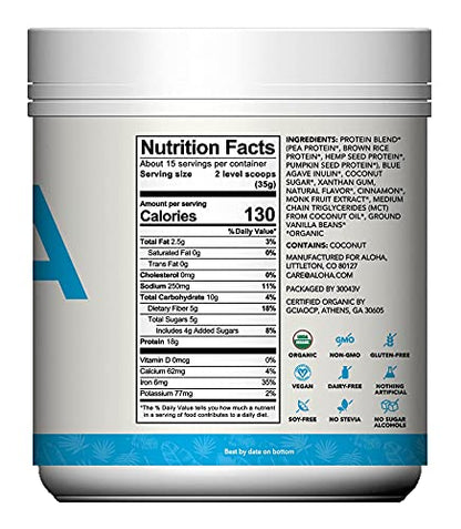 ALOHA Organic Plant Based Protein Powder, Stevia Free, Vanilla, 19.6 oz, 15 Servings