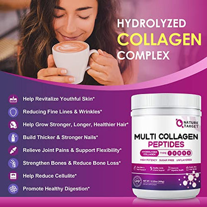 NATURE TARGET Multi Collagen Peptides Powder - Type I, II, III, V, X - Hydrolyzed Collagen