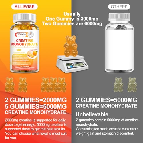 Alliwise Creatine Monohydrate Supplement Gummies for Men & Women, Sugar-Free Creatin