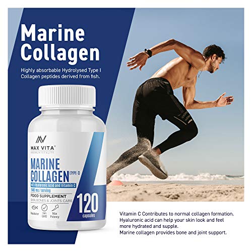 Marine Collagen Type 1 2400mg - 120 Capsules Supplement with Hyaluronic Acid and Vitamin C