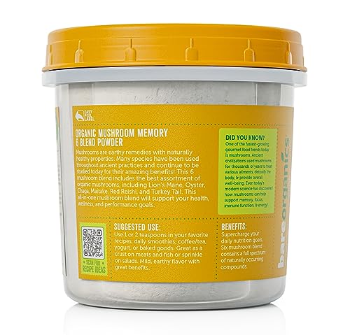 BareOrganics Mushroom Memory 6 Blend Powder, Non-GMO & Gluten-Free, Maitake