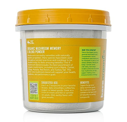 BareOrganics Mushroom Memory 6 Blend Powder, Non-GMO & Gluten-Free, Maitake