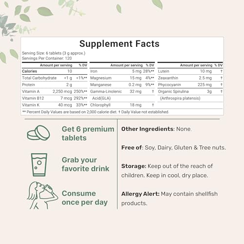 Micro Ingredients Organic Spirulina Supplement, 3000MG Per Serving, 720 Tablets (4 Month Supply), No Filler & Non-GMO, Rich in Vegan Protein, Vitamins & Prebiotics, Premium Spirulina Pills