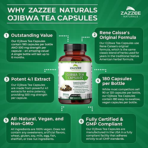 Zazzee Extra Strength Ojibwa Tea 500 mg, 180 Vegan Capsules, Rene Caisse's Original