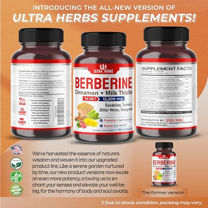 Ultra Herbs Premium Berberine 12,200MG with Cinnamon, Milk Thistle *USA Made & Test*