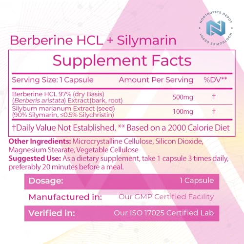 Nootropics Depot Berberine HCL + Silymarin Capsules | 500mg + 90mg | 180 Count