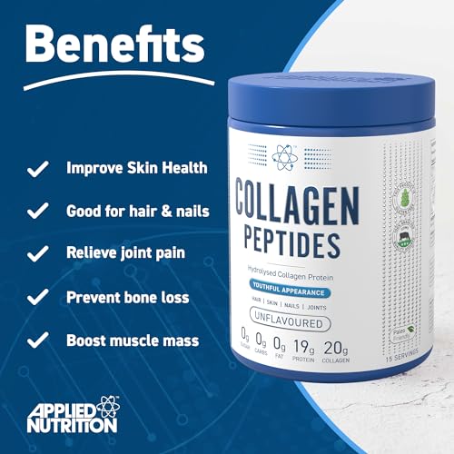 Applied Nutrition Collagen Peptides Powder - Hydrolysed Bovine Collagen Protein, Halal, Healthy Skin, Hair, Nails (Unflavoured) (300g - 15 Servings)